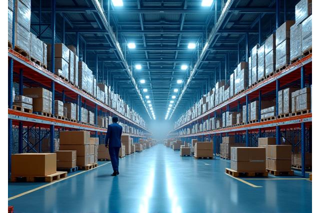 Modern automated warehouse facility with robotic processes