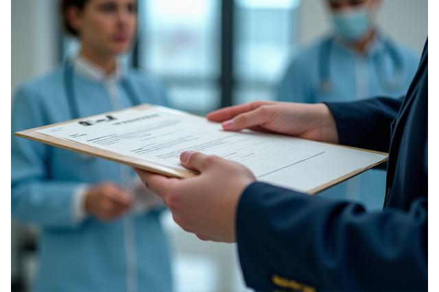 Professional courier handling confidential documents in sterile environment
