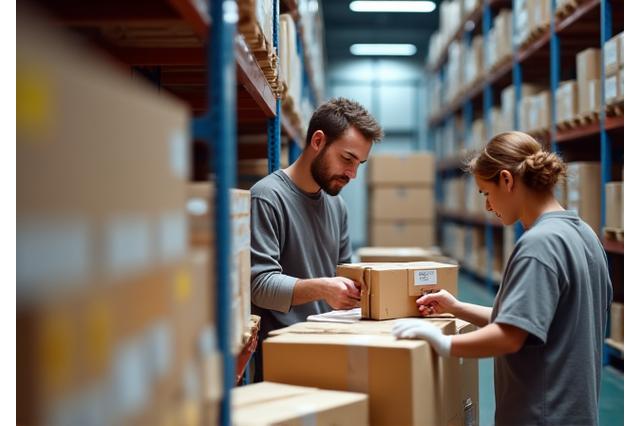 Workers packing orders with delivered boxes nearby